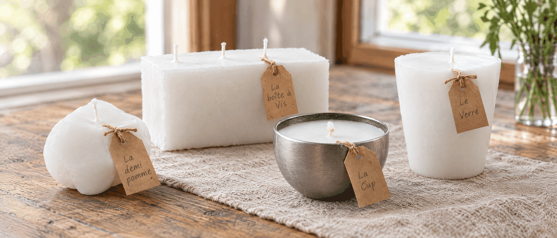 Quatre chandelles blanches de Daniel posées sur une table de bois, chacune avec une étiquette kraft écrite à la main : La demi pomme, La boîte à Vis, La Cup et Le Verre